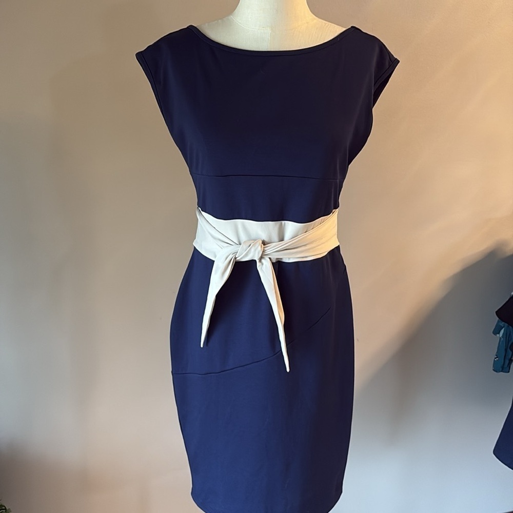 Miusol navy blue Sheath Mini Dress attached contrast belt front back option L